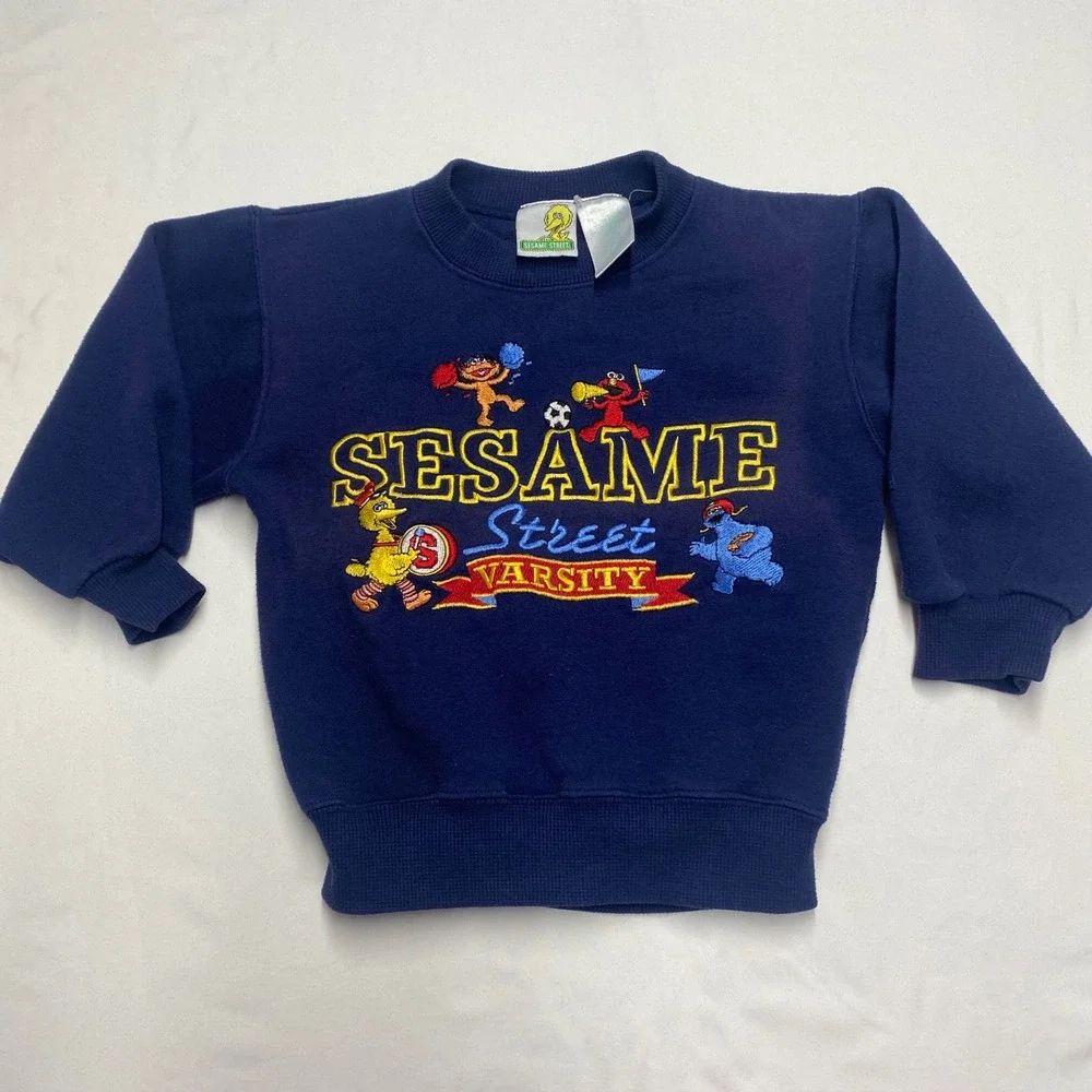 Vintage Sesame Street Varsity Navy Blue Embroidered Sweatshirt Toddler 4T